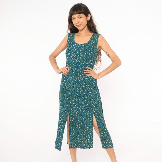 90s Floral Dress Teal Blue Green White Ditsy Sleeveless Tank Double Slit Hem Cottagecore Soft Grunge Indie Vintage Spring Summer Medium M