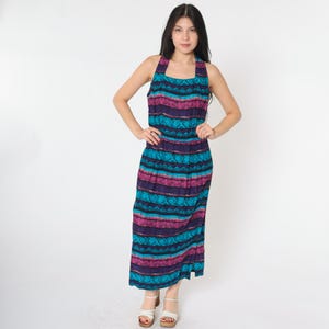 90s Geometric Dress Racerback Sun Dress Blue Purple Pink 1990s Midi Bohemian Hippie Vintage Button Side Sheath Sleeveless Medium Petite