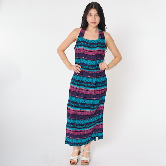 90s Geometric Dress Racerback Sun Dress Blue Purple Pink 1990s Midi Bohemian Hippie Vintage Button Side Sheath Sleeveless Medium Petite