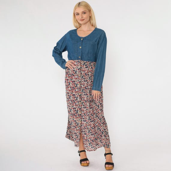 Vintage Floral Denim Dress 90s Maxi Jean Dress Summer 1990s Button Up High Waist Shirtdress Ditsy Long Sleeve Blue Chambray Rayon Large