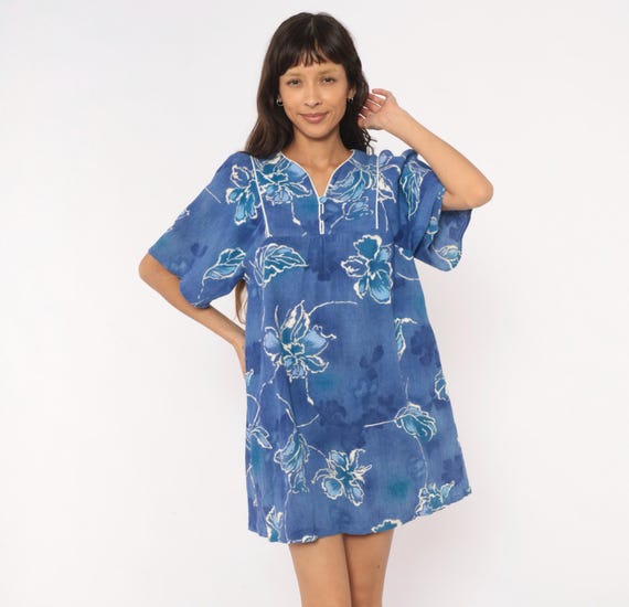 80s Blue Floral Shift Dress Flutter Sleeve V Neck Button Front Babydoll Empire Waist Piped Trim Teal White Flower Summer Tropical Medium M