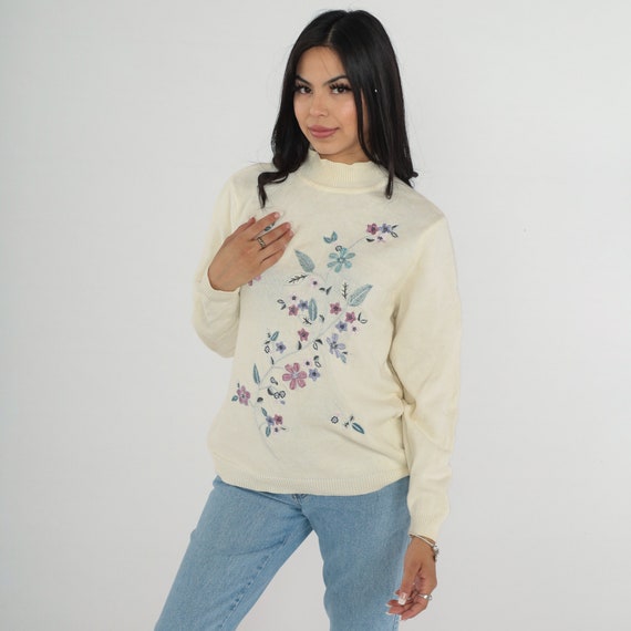 Cream Floral Sweater Y2K Knit Pullover Mock Neck … - image 4