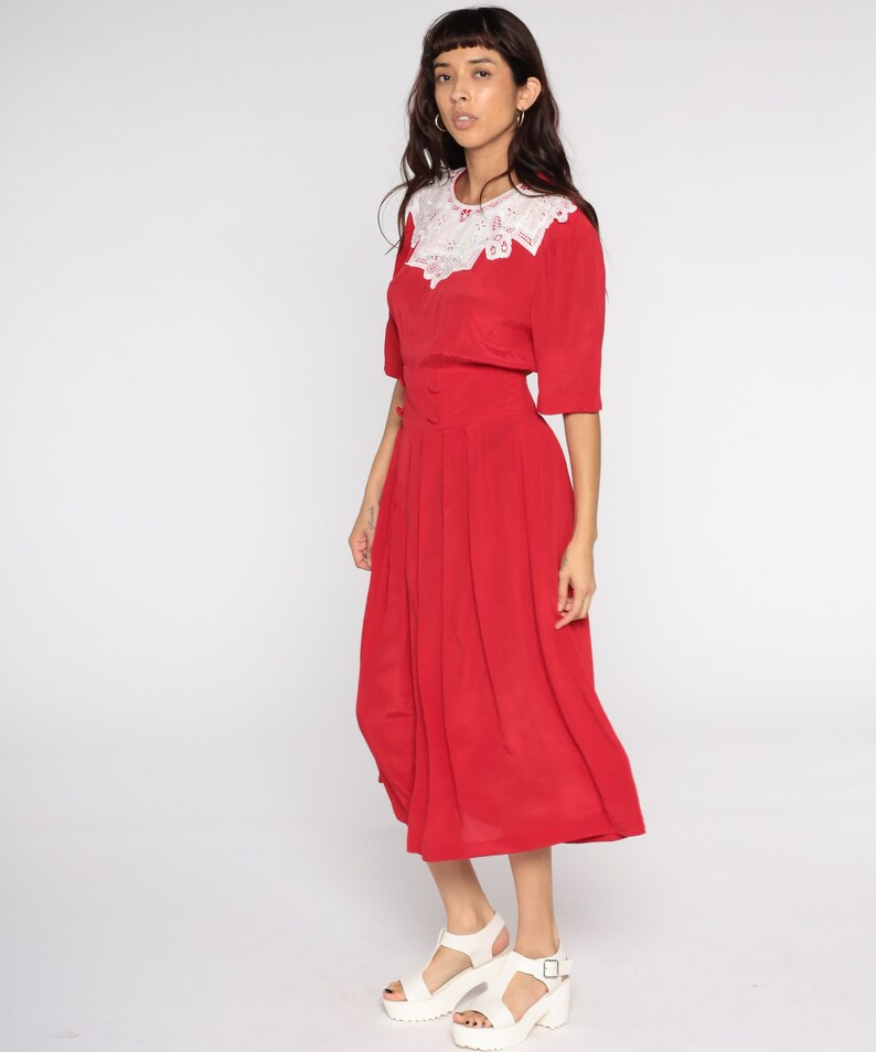 Red Pleated Dress 80s Midi Dress Lace Collar Dress Boho Embroidered Dress High Waist Secretary Short Sleeve Dress Vintage Medium Large image 3