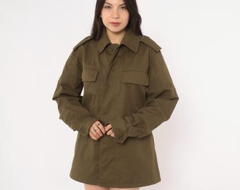 90s Military Field Jacket Olive Green Cotton Button Front Army Coat Pocket Utility Surplus Uniform Long Sleeve Mens Womens Vintage Medium M
