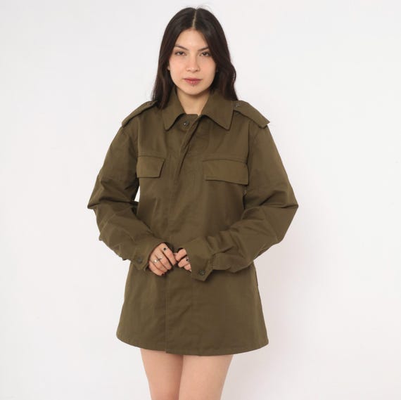 90s Military Field Jacket Olive Green Cotton Button Front Army Coat Pocket Utility Surplus Uniform Long Sleeve Mens Womens Vintage Medium M