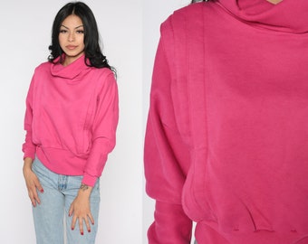 80s Sweatshirt Hot Pink Cowl Neck Sweatshirt Plain Long Sleeve Shirt Slouchy 1980s Vintage Sweat Shirt Medium