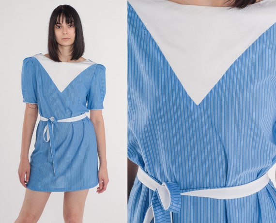 Puff Sleeve Dress 80s Striped Blue Mini Dress White Bib Belted Shift Retro Dolly Lolita Granny Eighties Day Minidress Vintage 1980s Medium M