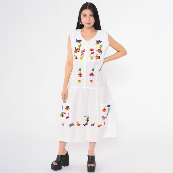 Vintage Embroidered El Salvador Dress 90s Folk Art White Cotton Sleeveless Button Up Midi Pockets Boho Festival 1990s Medium Large