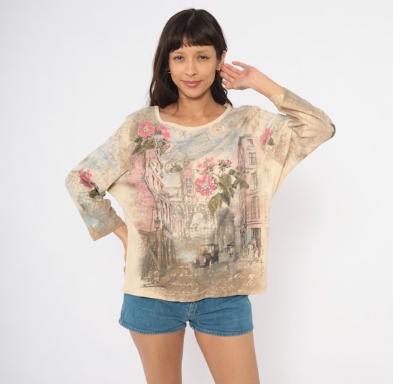 Y2K Parisian Street Scene Top Floral Three Quarter Sleeve Cotton Rhinestone Embellished Tan Beige Pink Rose Postcard Tee Plus Size 1X