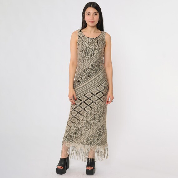Fringe Lace Dress Y2K Sleeveless Taupe Geometric Pattern Diagonal Stripes Bodycon Midi Festival Summer Party Small S 6