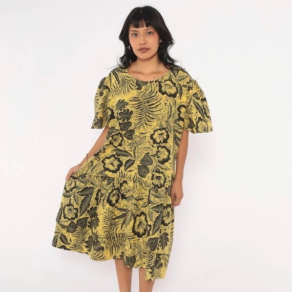 80s Tropical Floral Dress Yellow Black Hibiscus Print Cotton Flutter Sleeve Scoop Neck Pockets Hawaiian Tent Dress Vintage Extra Large XL