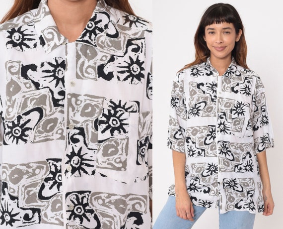 Celestial Button Up Shirt 90s Black White Sun Print Geometric Shirt Short Sleeve Monochrome Top Beach Surfer Vintage Oversize Men's Medium