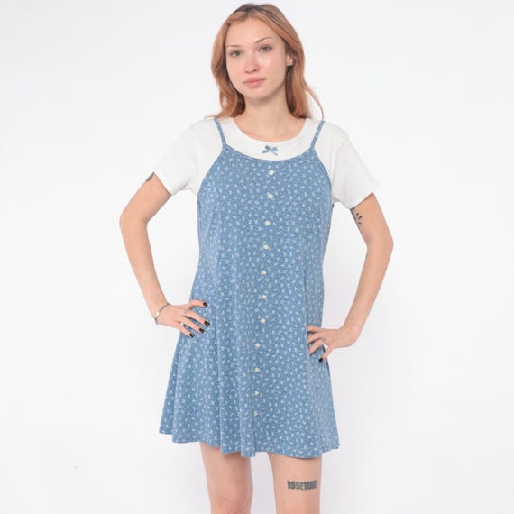 Mini Blue Floral Sundress 90s White Ditsy Print Cottagecore Prairie Summer Slip Feminine Bow Detail Vintage Coquette Soft Grunge Large L