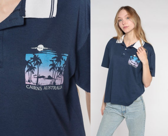 Cairns Australia Shirt 80s Navy Blue Polo Shirt Tropical Palm Tree Graphic Retro Tourist Queensland Hipster Top Vintage 1980s Mens Small S
