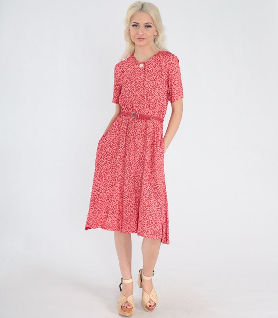 Red Day Dress 90s Belted Midi Dress Abstract Swirl Print Retro Secretary Dress Button Up Short Sleeve High Waisted Talbots Vintage 1990s XS