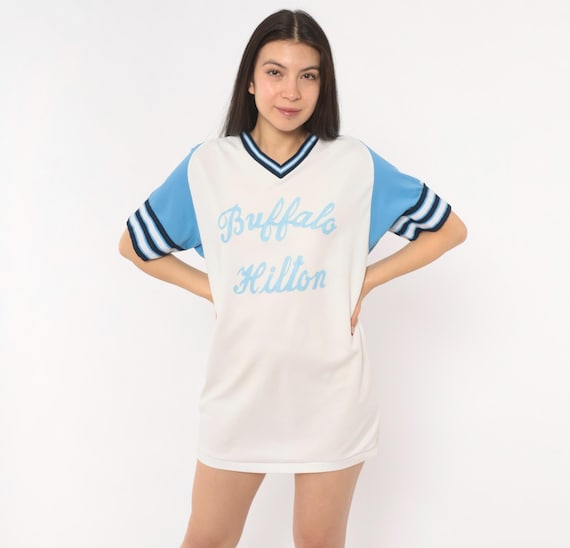 80s Baseball Jersey White Sky Blue V Neck Raglan Striped Sleeve Athletic Softball Pullover Vintage Sports Uniform  Tee Mens Medium M