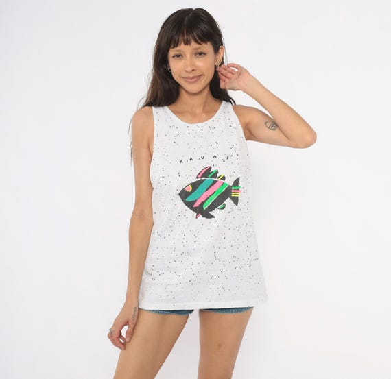 Kauai Fish Tank Top White Speckled Splatter Paint Neon Tropical Hawaiian Cotton Beach Vacation Tee 90s Summer Surf Island Vintage Large L