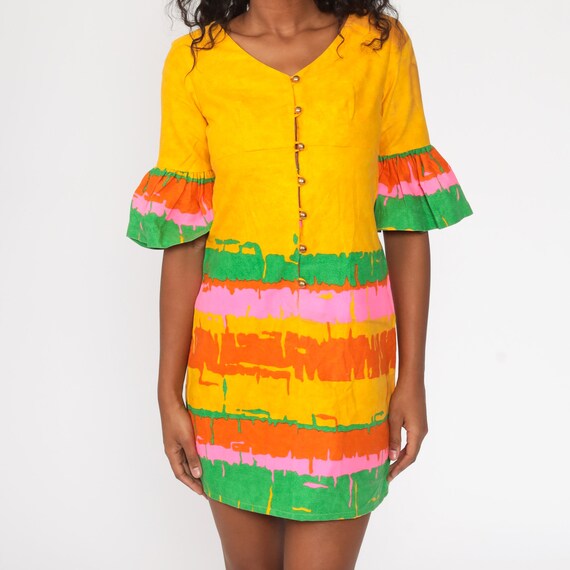 60s Mini Dress Bright Yellow Shift Mod Neon Hippi… - image 4