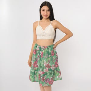 Vintage Green Floral Skirt 80s Tiered Peasant High Waist Boho Hippie Summer Midi Flowy Bohemian 1980s Festival Pink Small Medium