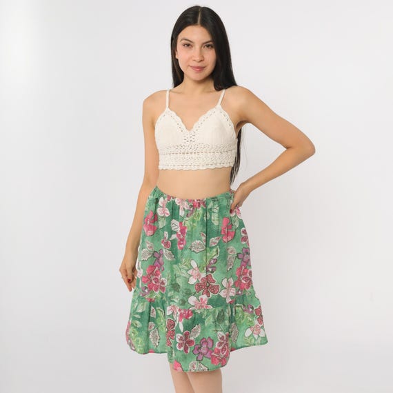 Vintage Green Floral Skirt 80s Tiered Peasant High Waist Boho Hippie Summer Midi Flowy Bohemian 1980s Festival Pink Small Medium