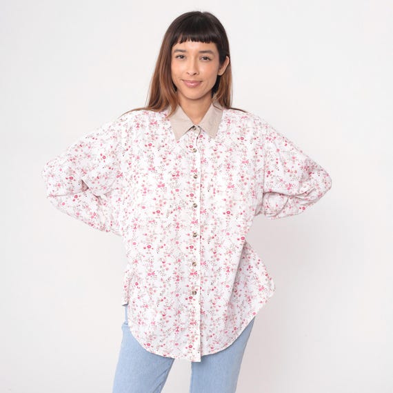 Ditsy Floral Shirt Y2K Cotton White Pink Long Sleeve Contrast Collar Cottagecore Vintage Blouse Top Preppy  Plus Size Extra Extra Large XXL