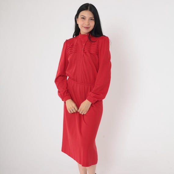 80s Red Button Up Dress Midi Shirtwaist Puff Sleeve Dress 1980s Secretary Pleated High Neck Jersey High Waisted Vintage Plain Small