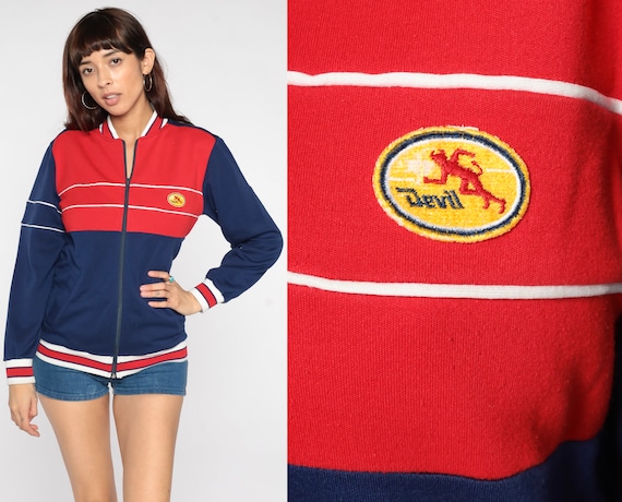 80s Track Jacket Blue Striped Devil Crest Red Zip Up Sweatshirt Warmup 1980s Warm Up Jacket Athletic Sports Vintage Small