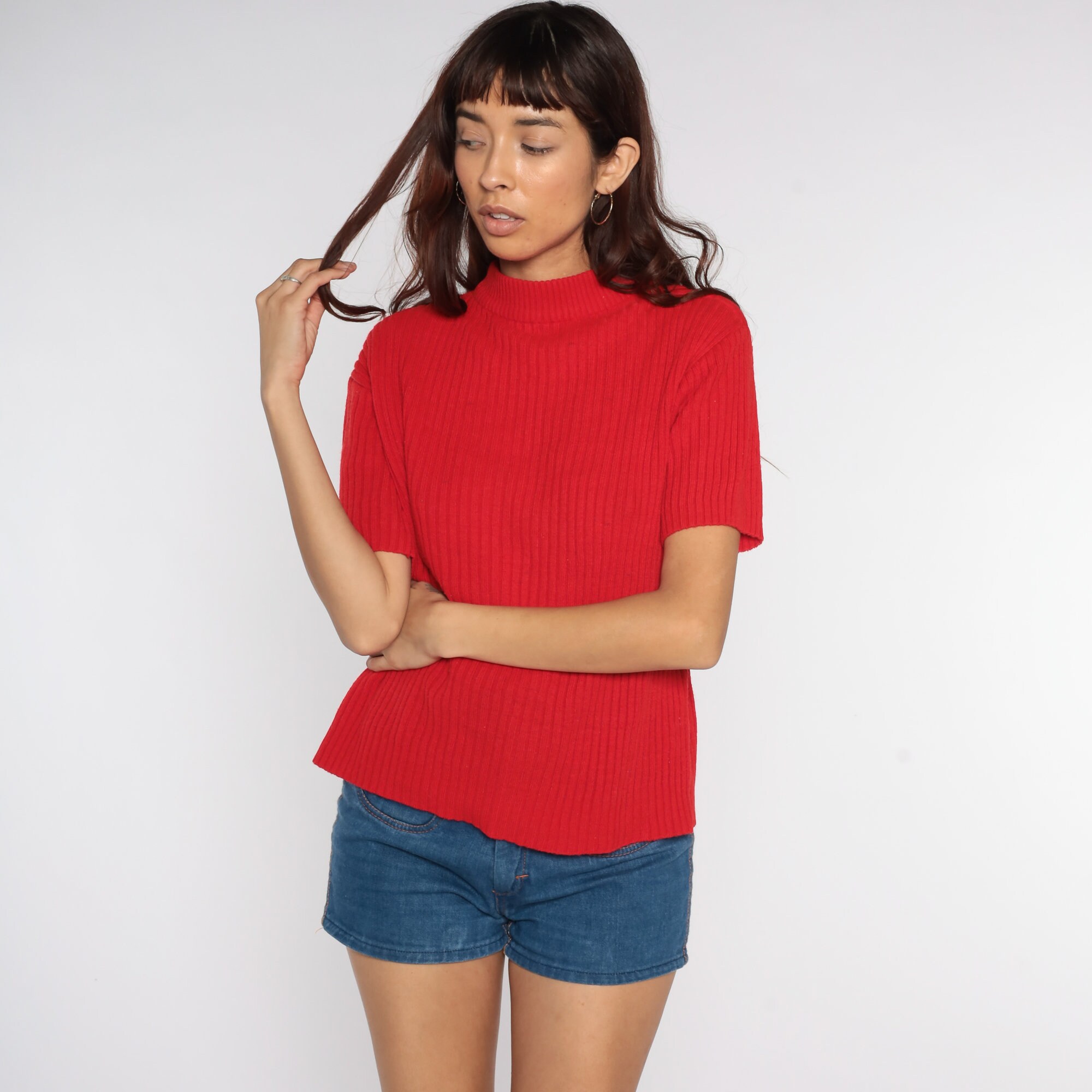 Red Knit Shirt 70s Sweater Top Red Ribbed Mock Neck Top Short Sleeve ...