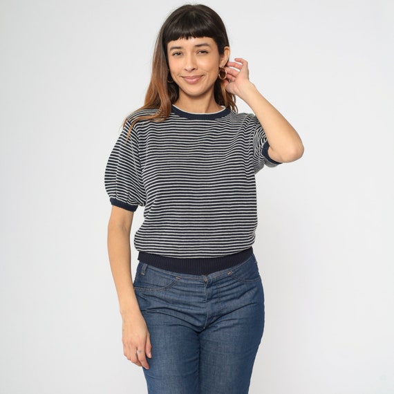 Striped Knit Shirt 90s Black White Short Sleeve Sweater Top Vertical Stripes Retro Basic Blouse Slouchy Vintage 1990s Small