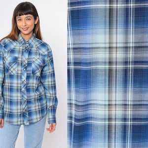 80s Plaid Western Shirt Blue Button Up Pearl Snap Shirt Collared Rodeo Cowgirl Long Sleeve Cowboy Vintage 1980s Haband Men&#39;s Small