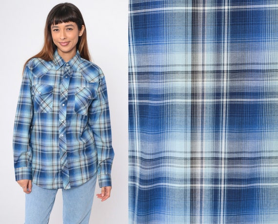 80s Plaid Western Shirt Blue Button Up Pearl Snap Shirt Collared Rodeo Cowgirl Long Sleeve Cowboy Vintage 1980s Haband Men's Small