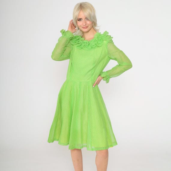 70s Polka Dot Dress Bright Green Ruffled Midi Long Sleeve Dress Mod Dress High Waisted 1970s Vintage Small Medium