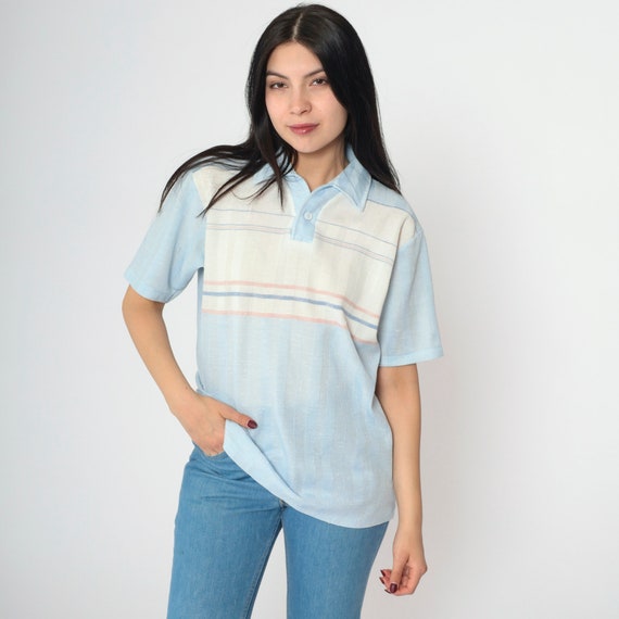 Striped Polo Shirt 70s Baby Blue Shirt Quarter Bu… - image 2