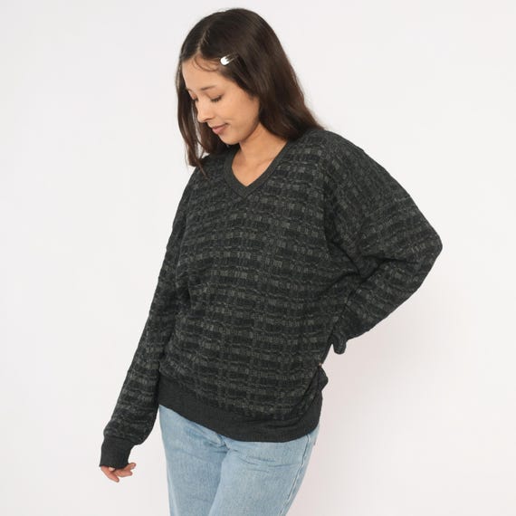 Dark Academia Sweater Grunge Charcoal Textured Knit V Neck Sweater Black Gray Pullover Relaxed Fit Grandpacore Nerdy Vintage Extra Large XL