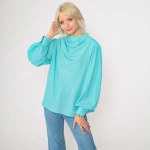 70s Cowl Neck Top Blue Blouse Diane Von Furstenberg Draped Button Shoulder Party Top Vintage 1980s Long Sleeve Casual Chic DVF Plain Medium
