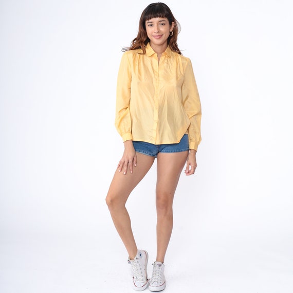 Yellow Silk Top Button Up Shirt 80s Puff Sleeve B… - image 3