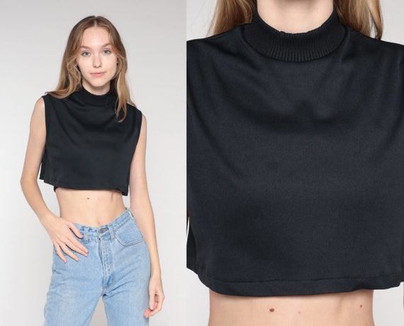 Black Crop Top 70s Mock Neck Tank Top Plain Sleeveless Shirt Basic Solid Cropped Boxy Tee Retro Minimalist Party Goth Vintage 1970s Small S