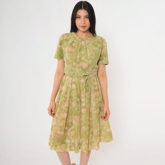 Vintage 1960s Floral Pleated Dress Green Day Dress Midi Skirt Mid Century Belted High Waist 60s Short Sleeve Small S