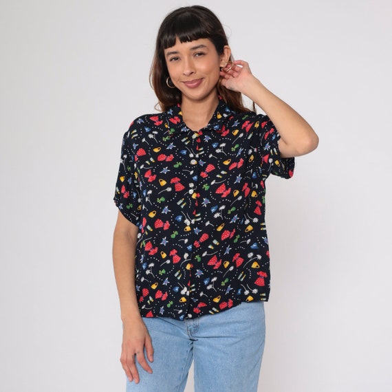 Fashion Print Shirt 90s Floral Statement Top Black Pattern Red Yellow Blue Green Button Up Blouse Short Sleeve Vintage Medium Large
