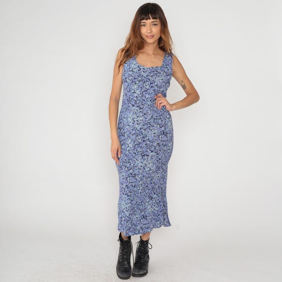 Blue Periwinkle Dress 90s Floral Sleeveless Tank Style Fitted Bodice Vintage Cottagecore Prairie Leaf Pattern Summer Sundress Small S