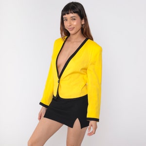 Bright Yellow Blazer 90s Deep V Neckline Single Button Closure Jacket Low Neck Black Work Office Professional Plain Vintage 1990s Medium 8