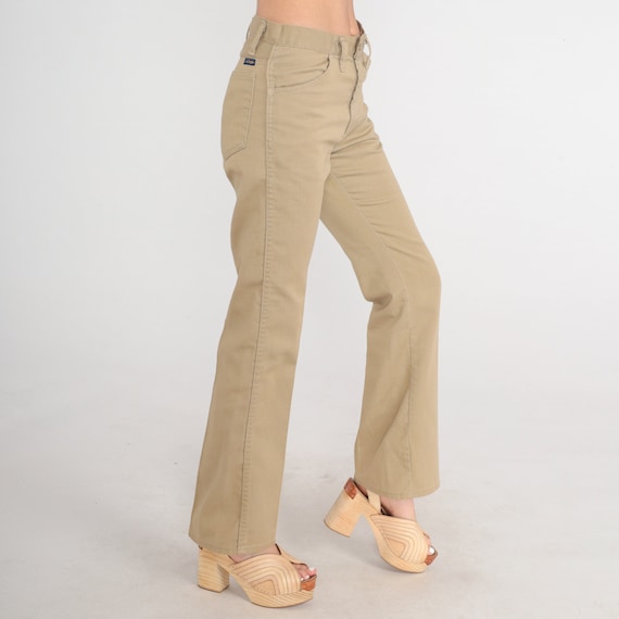 Khaki Trousers 70s Bell Bottom Pants Mid Rise Flared Pants Tan Flares Creased Slacks Retro Hippie Bohemian Vintage 1970s Mr. Leggs Small 28