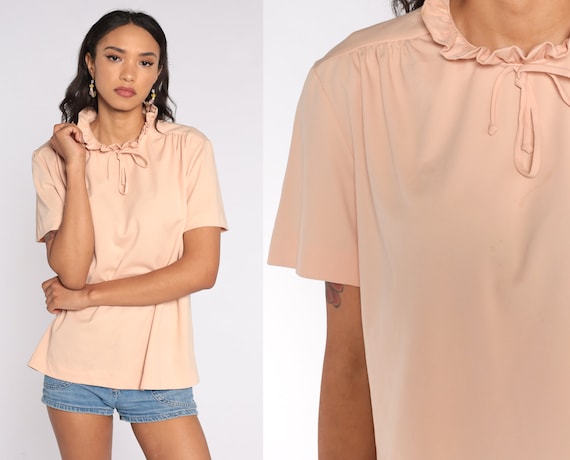 70s Top Peach Blouse Ruffle Neck Bow Shirt Hippie Blouse Polyester Boho Top 1970s Bohemian Short Sleeve Plain Extra Large xl