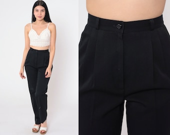 Black Trousers 80s Pleated Pants High Waisted Rise Straight Tapered Leg Slacks Basic Plain Slim Minimal Preppy Vintage 1980s Extra Small XS