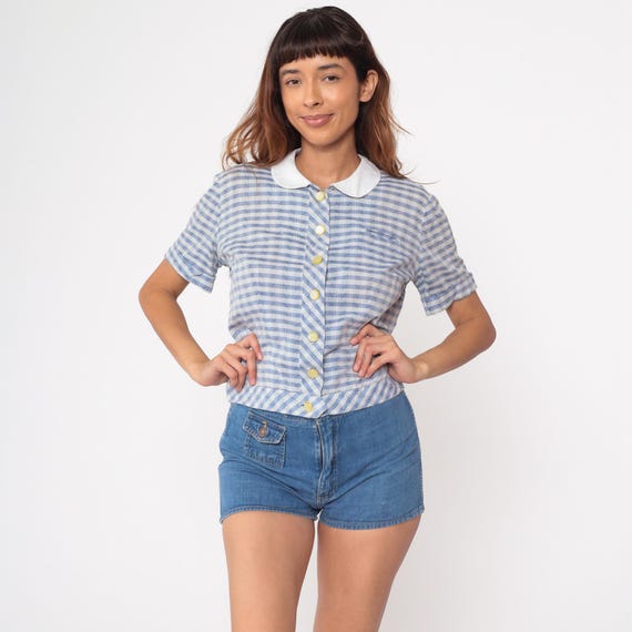 Blue Gingham Blouse 60s Vintage Nelly Don Peter Pan Collar Button Up Short Sleeve Preppy Western Mod Fashion Cottagecore Country Medium M