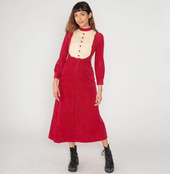 70s Red Velvet Party Dress Lace Bib Panel Victorian Prairie Button Up Cottagecore Formal Evening Gown Holiday Christmas Extra Small XS