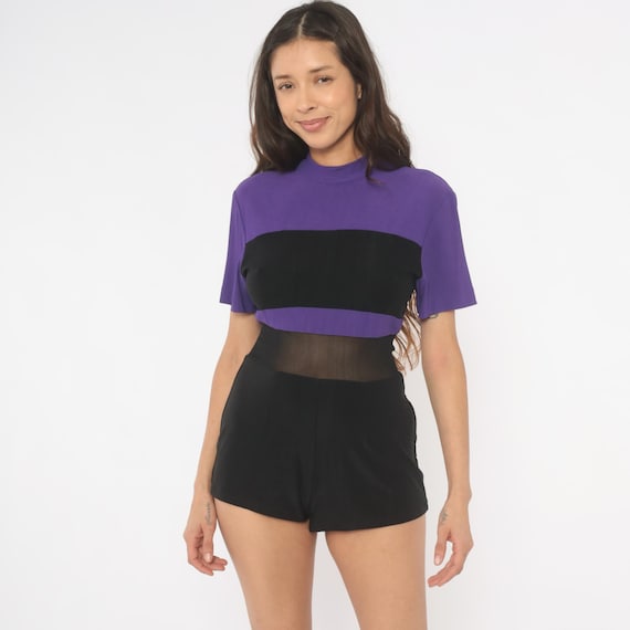 90s Purple Black Romper Color Block Playsuit Short Sleeve Mesh Waist Sheer Panel Violet Grape One Piece Shorts Jumpsuit Activewear Medium M