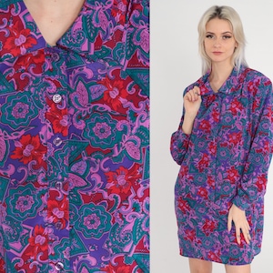 80s Mini Dress Purple Paisley Floral Print Day Dress Long sleeve Button up Shift Hippie Boho Groovy Shirtdress Minidress Vintage 1980s Large image 1