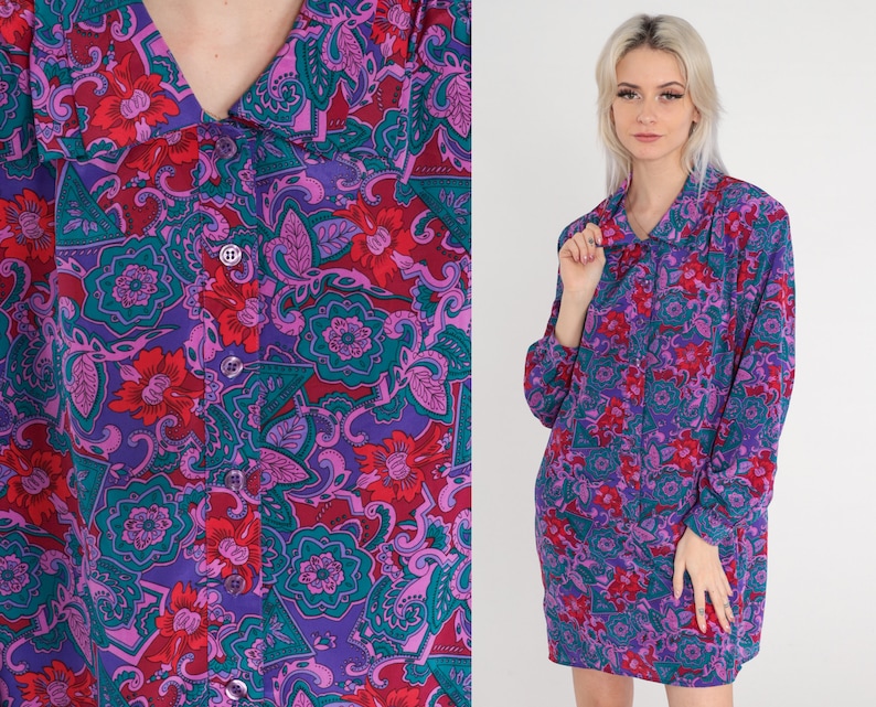 80s Mini Dress Purple Paisley Floral Print Day Dress Long sleeve Button up Shift Hippie Boho Groovy Shirtdress Minidress Vintage 1980s Large image 1