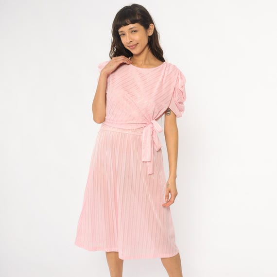 80s Pink Dress Midi Puff Sleeve Tie Waist Pleated Skirt Coquette Diagonal Stripe Pastel Blush Party Romantic Feminine Vintage Summer Small S